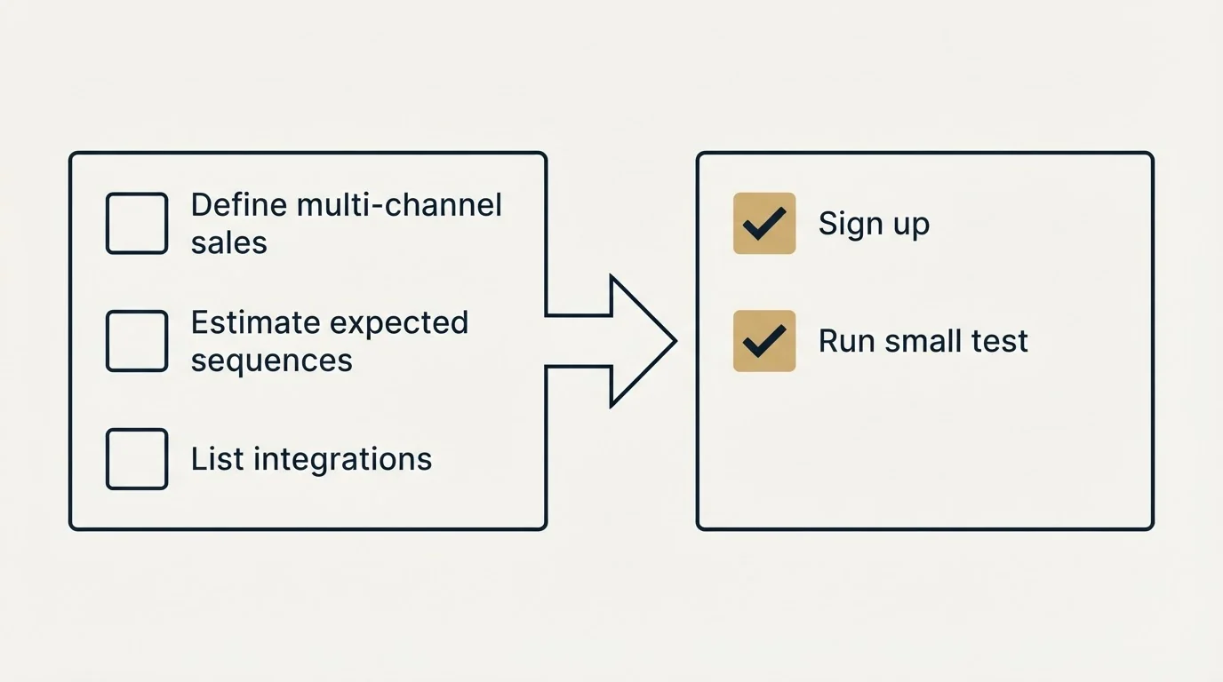 Before-and-after steps: Getting Started Checklist (Define multi-channel sales, Estimate expected sequences, List integrations, Sign up)