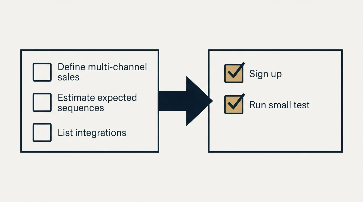 Before-and-after steps: Getting Started Checklist (Define multi-channel sales, Estimate expected sequences, List integrations, Sign up)