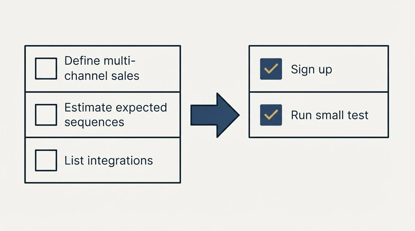 Before-and-after steps: Getting Started Checklist (Define multi-channel sales, Estimate expected sequences, List integrations, Sign up)