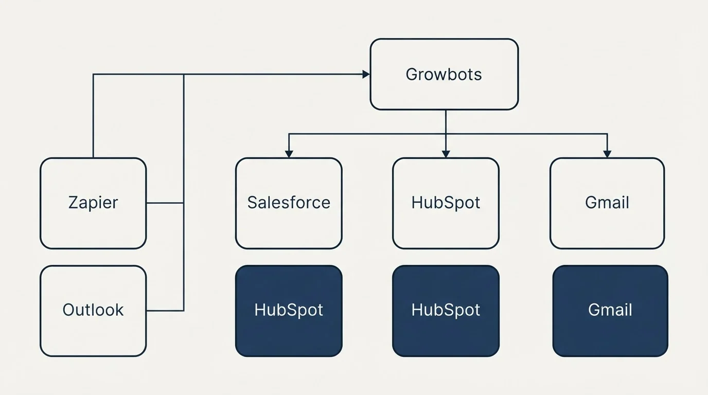 Integration grid: Integration Ecosystem (Growbots, Salesforce, HubSpot, Gmail)