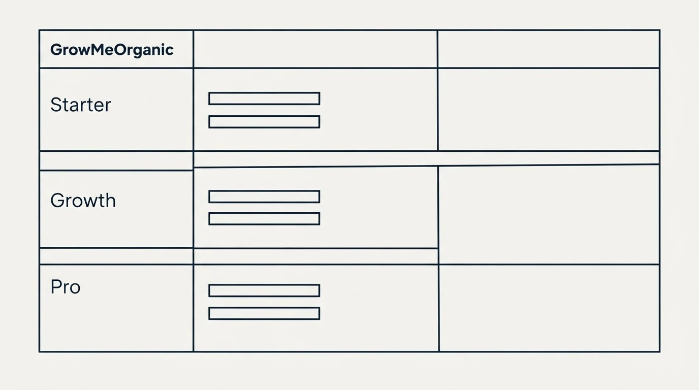 Pricing table: Pricing Comparison (GrowMeOrganic, Starter, Growth, Pro)