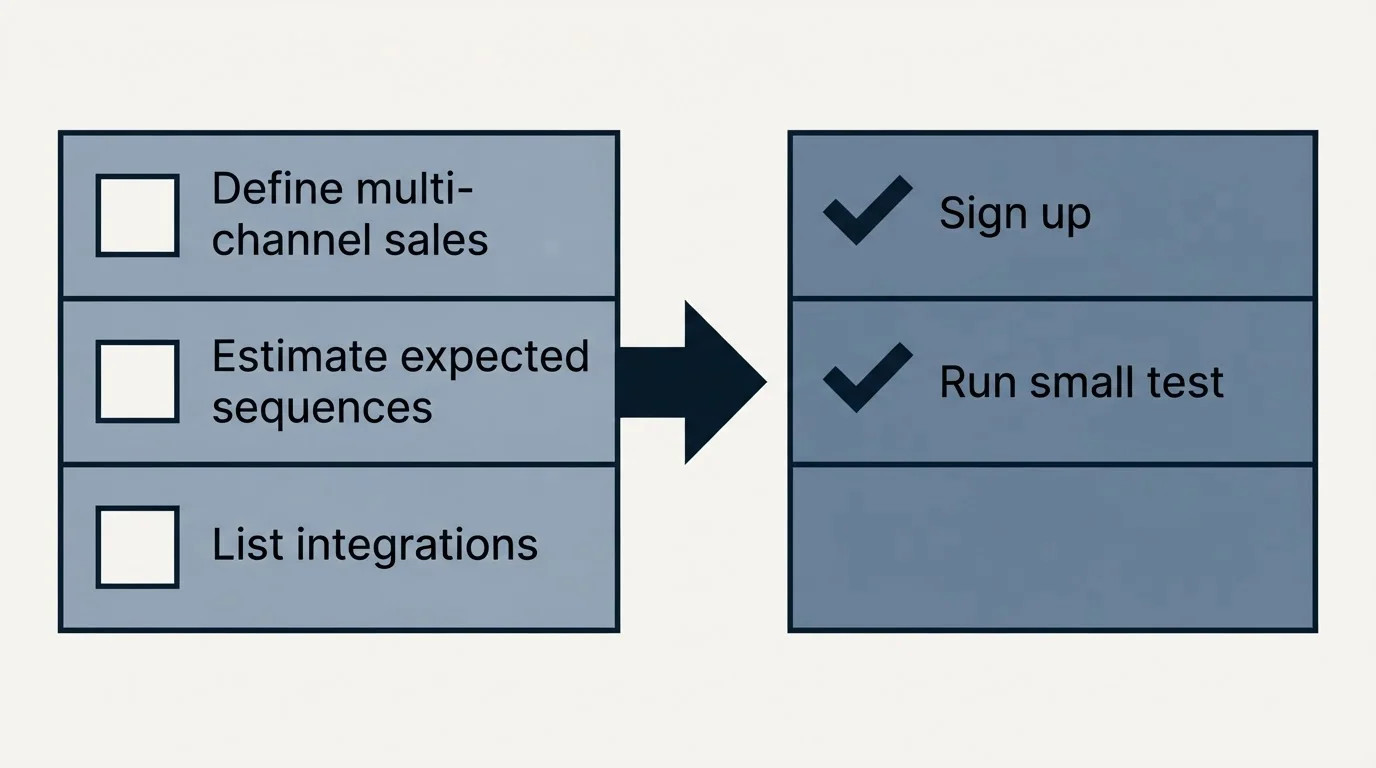 Before-and-after steps: Getting Started Checklist (Define multi-channel sales, Estimate expected sequences, List integrations, Sign up)