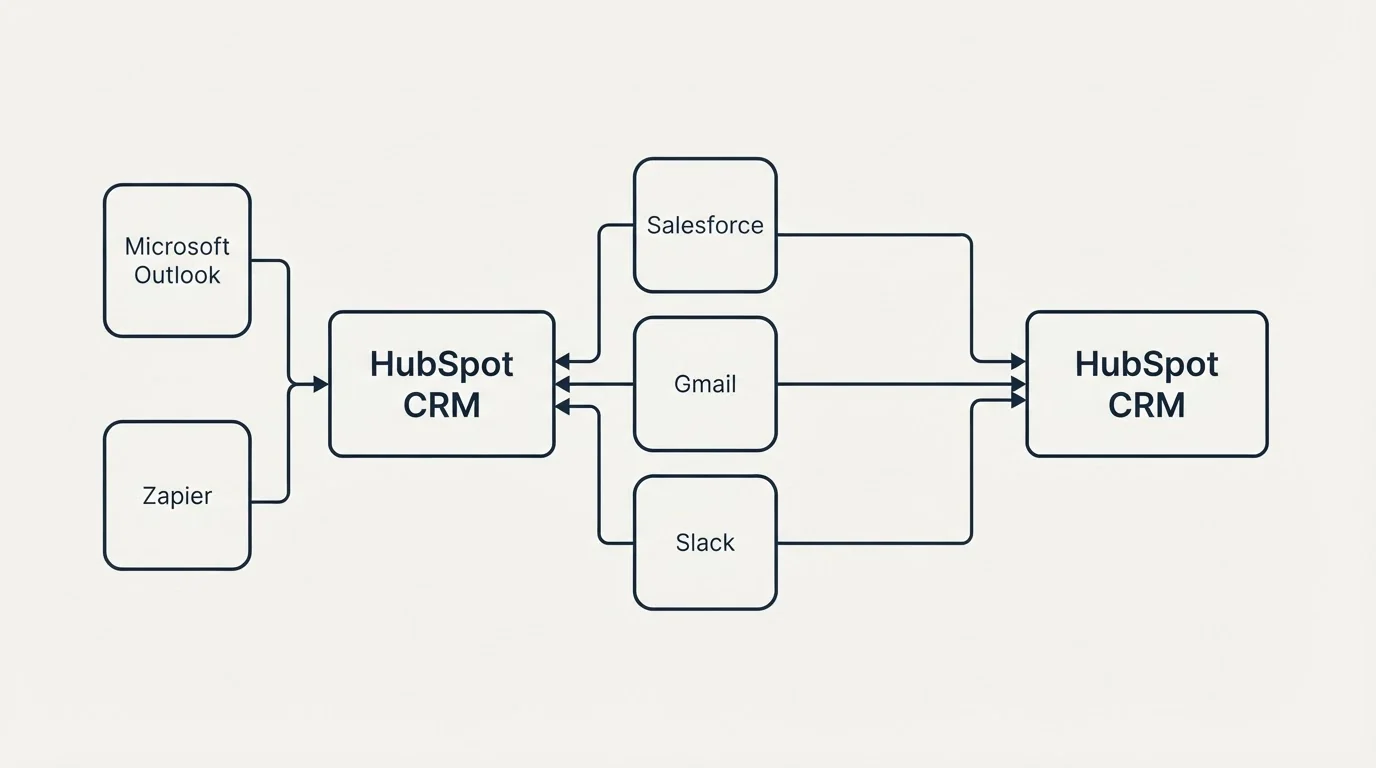 Integration schematic: Integration Ecosystem (HubSpot CRM, Salesforce, Gmail, Slack)