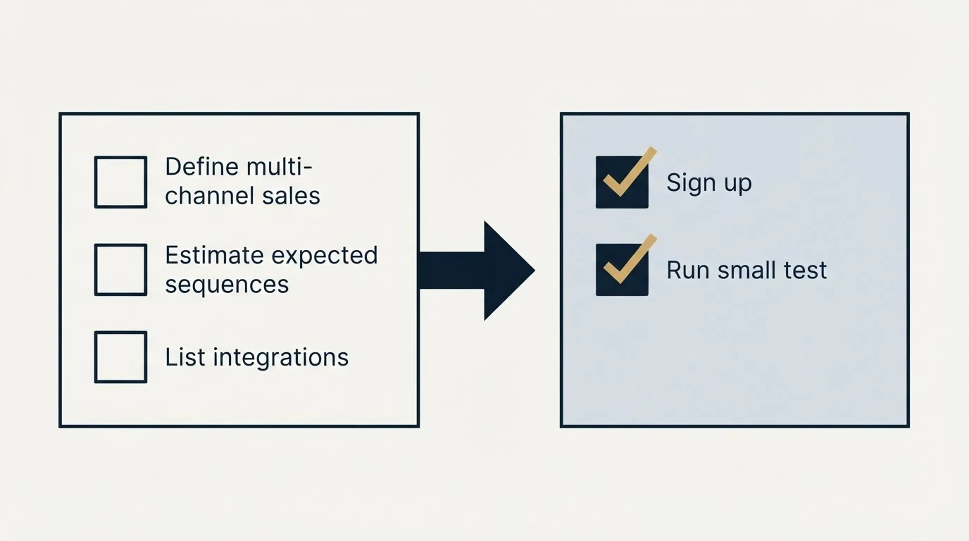 Before-and-after steps: Getting Started Checklist (Define multi-channel sales, Estimate expected sequences, List integrations, Sign up)
