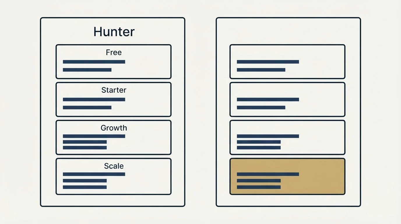 Pricing panels: Pricing Comparison (Hunter, Free, Starter, Growth)