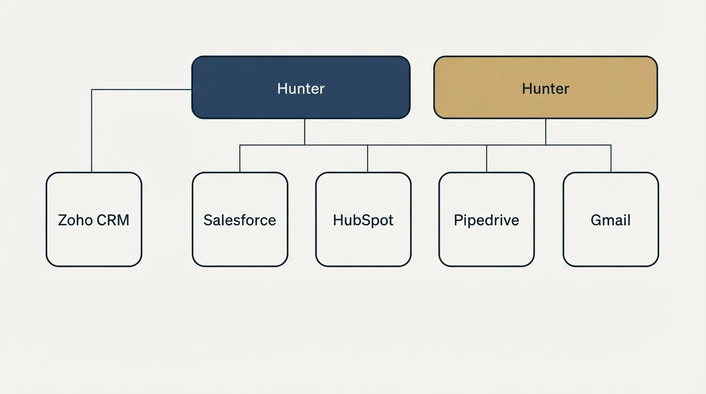 Integration grid: Integration Ecosystem (Hunter, Salesforce, HubSpot, Pipedrive)