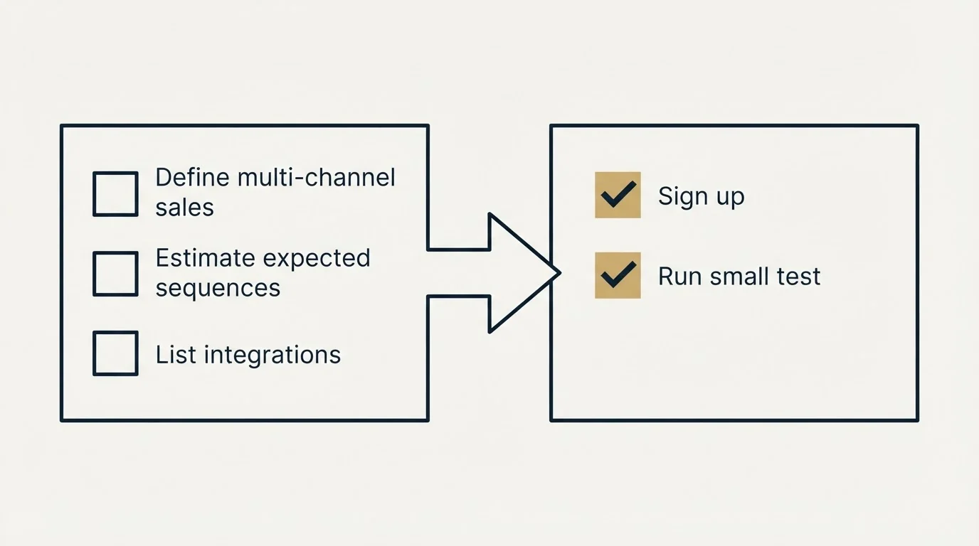 Before-and-after steps: Getting Started Checklist (Define multi-channel sales, Estimate expected sequences, List integrations, Sign up)