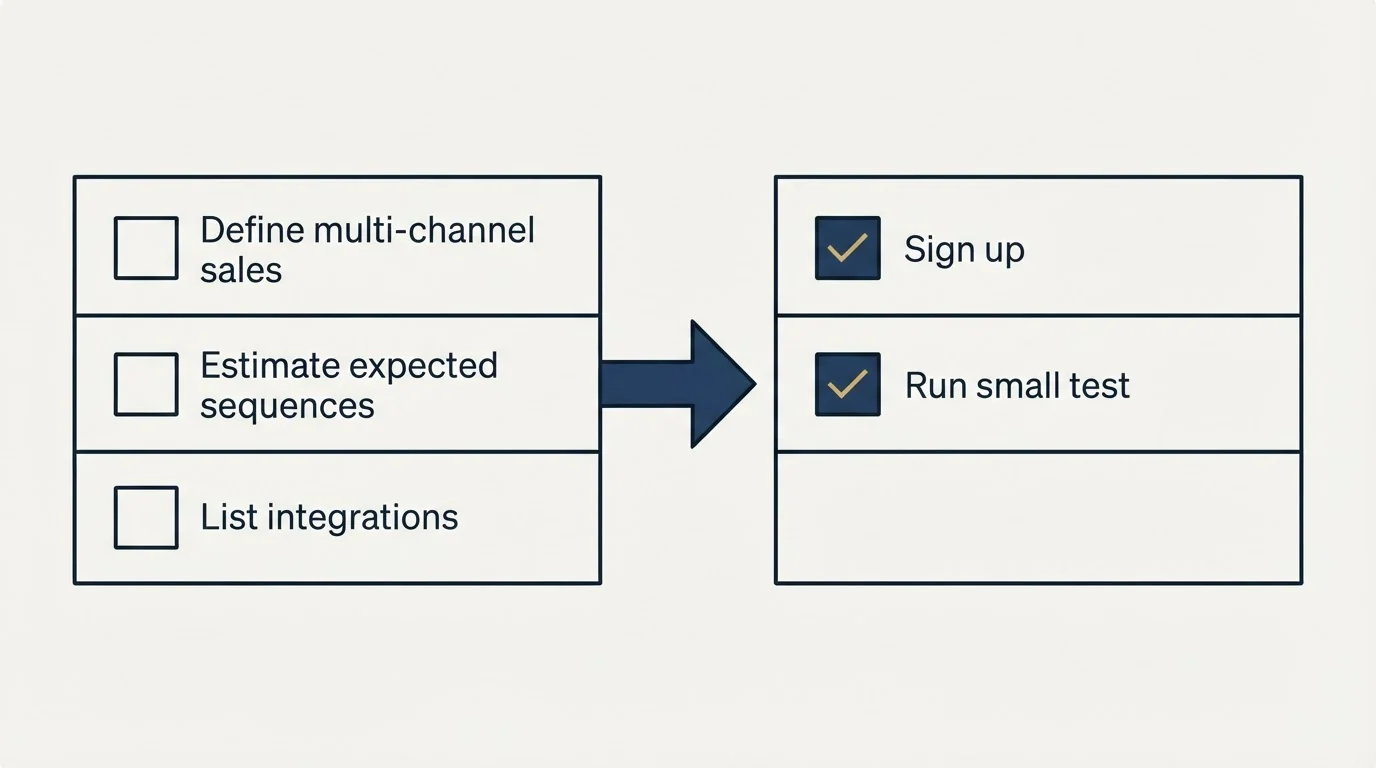 Before-and-after steps: Getting Started Checklist (Define multi-channel sales, Estimate expected sequences, List integrations, Sign up)