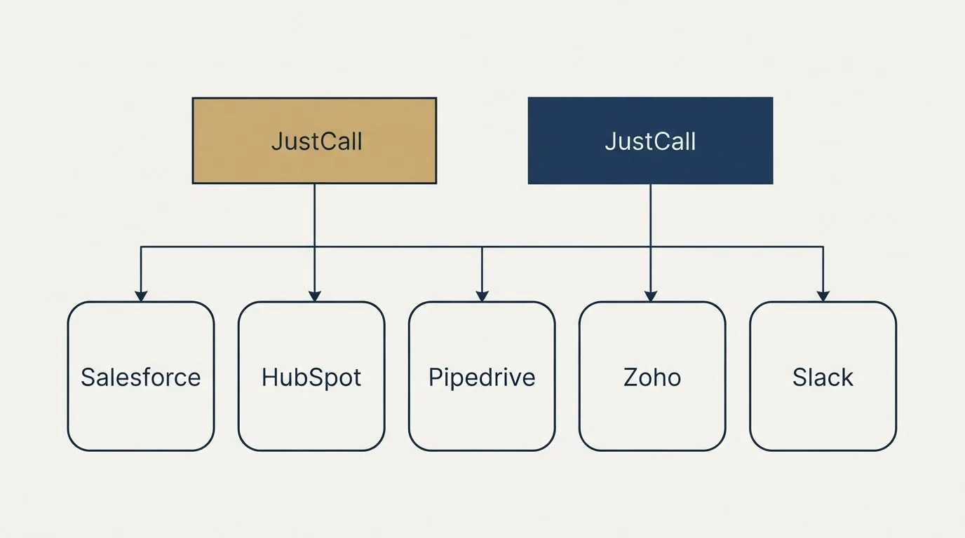 Integration grid: Integration Ecosystem (JustCall, Salesforce, HubSpot, Pipedrive)
