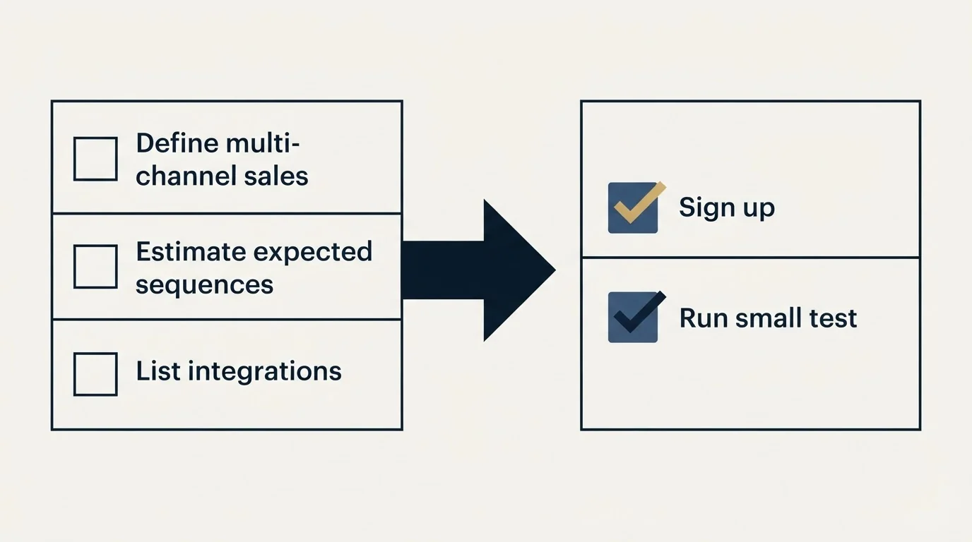 Before-and-after steps: Getting Started Checklist (Define multi-channel sales, Estimate expected sequences, List integrations, Sign up)