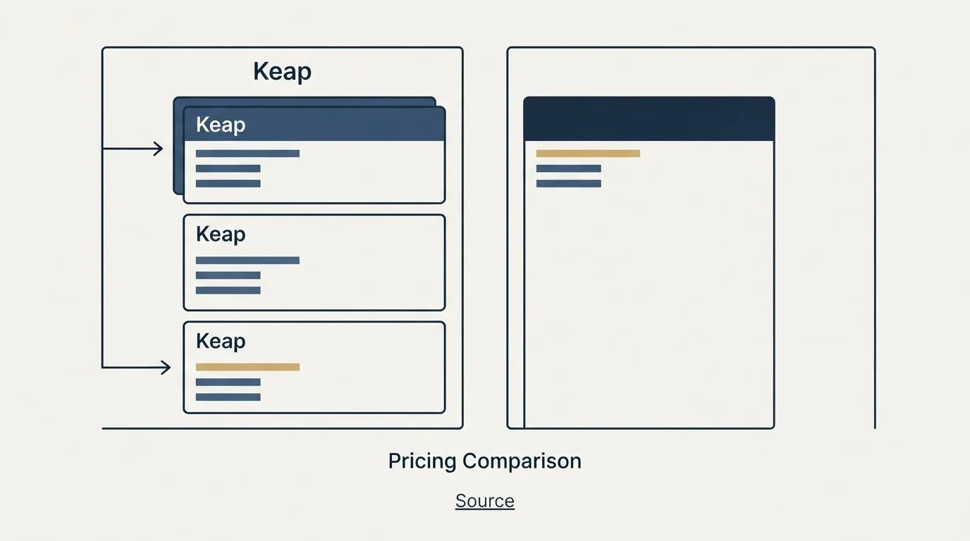 Pricing panels: Pricing Comparison (Keap, Source, Pricing Comparison)