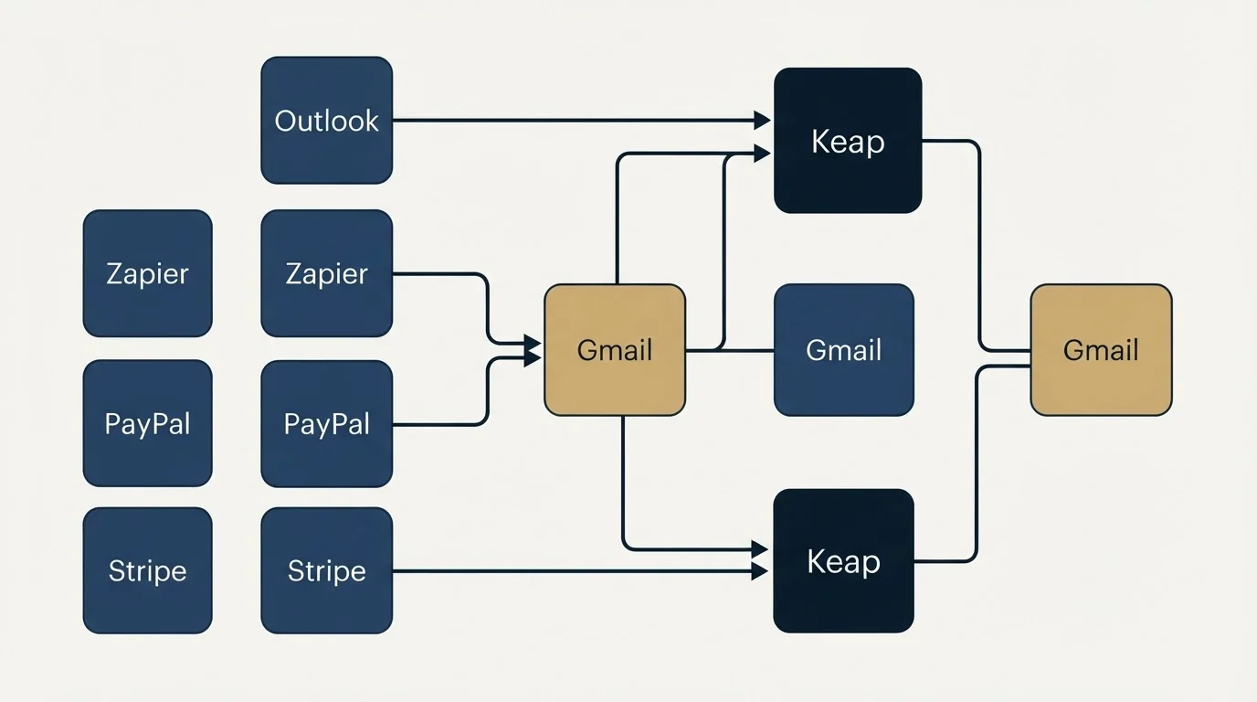 Integration schematic: Integration Ecosystem (Keap, Gmail, Outlook, Zapier)