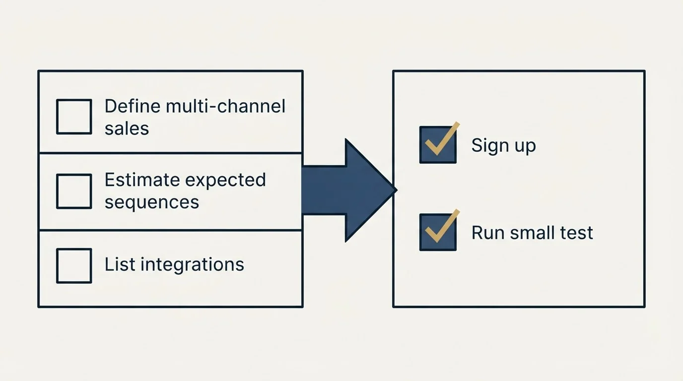 Before-and-after steps: Getting Started Checklist (Define multi-channel sales, Estimate expected sequences, List integrations, Sign up)