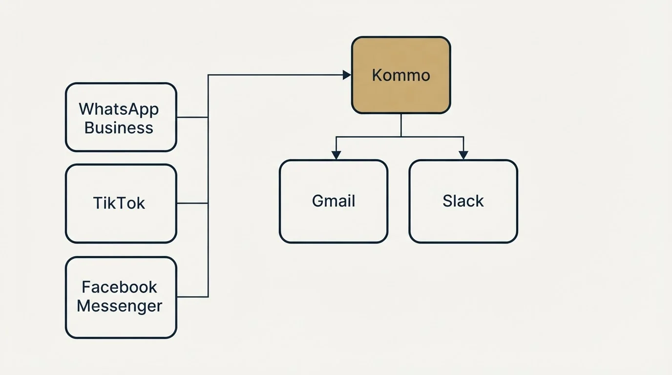 Integration grid: Integration Ecosystem (Kommo, Gmail, Slack, WhatsApp Business)