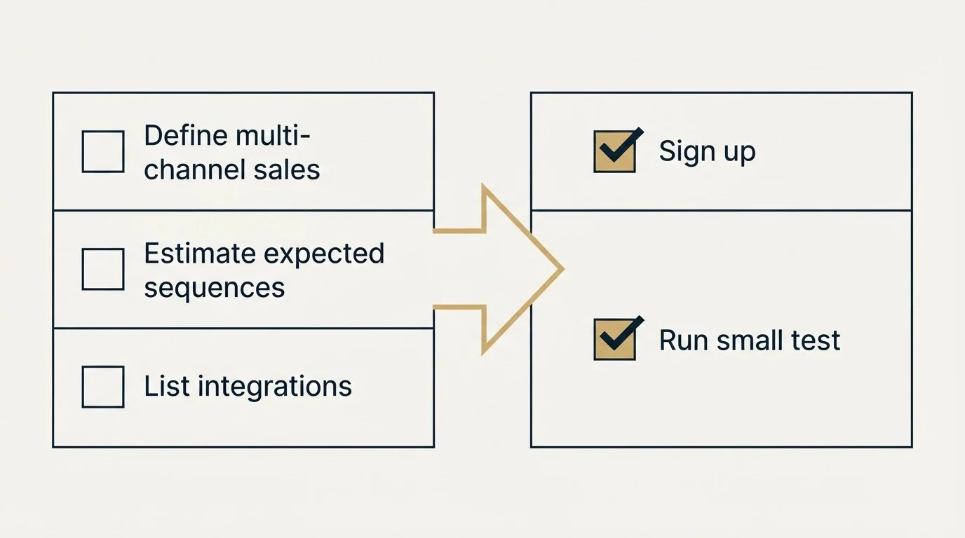 Before-and-after steps: Getting Started Checklist (Define multi-channel sales, Estimate expected sequences, List integrations, Sign up)