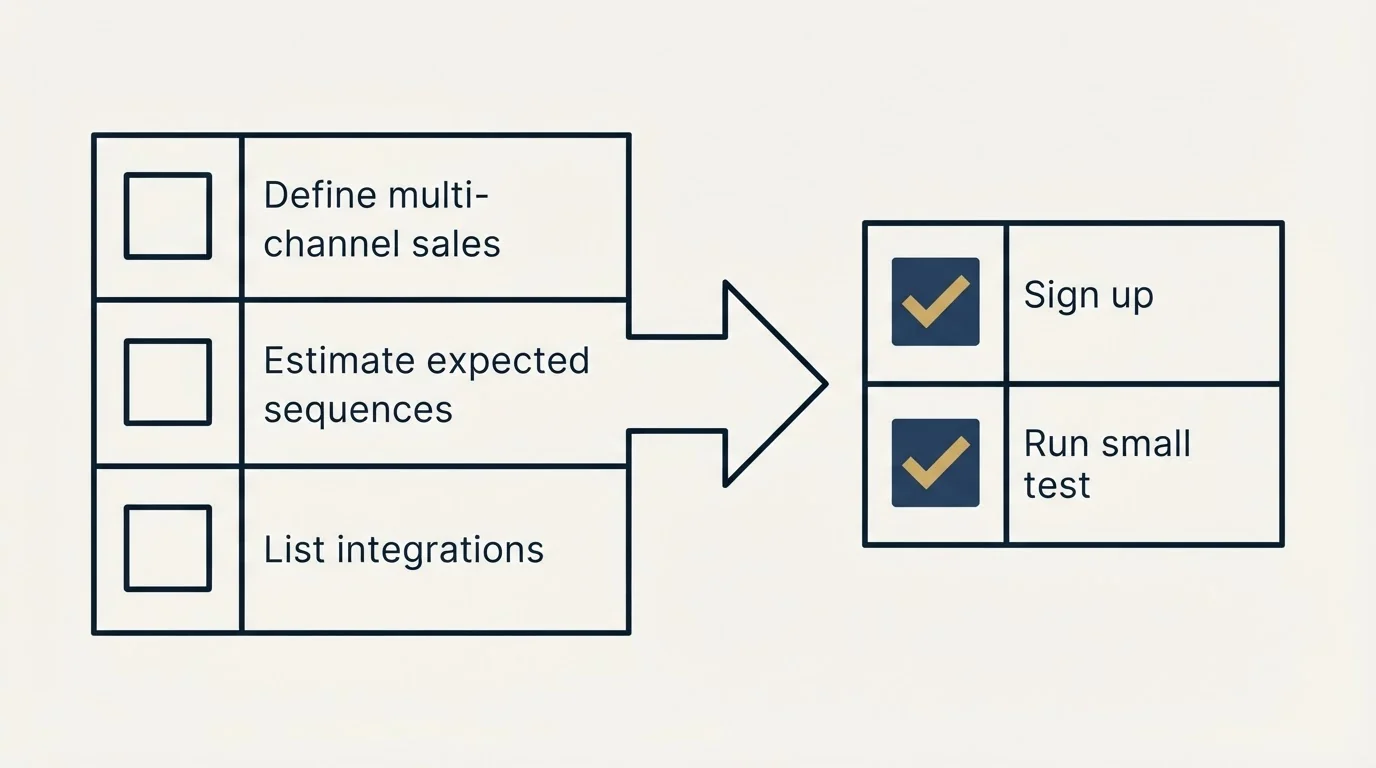 Before-and-after steps: Getting Started Checklist (Define multi-channel sales, Estimate expected sequences, List integrations, Sign up)