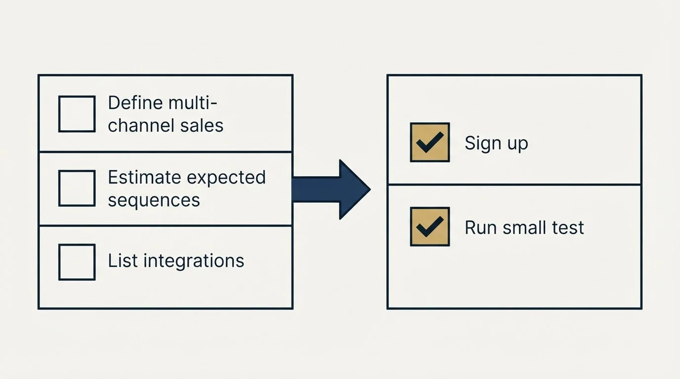 Before-and-after steps: Getting Started Checklist (Define multi-channel sales, Estimate expected sequences, List integrations, Sign up)