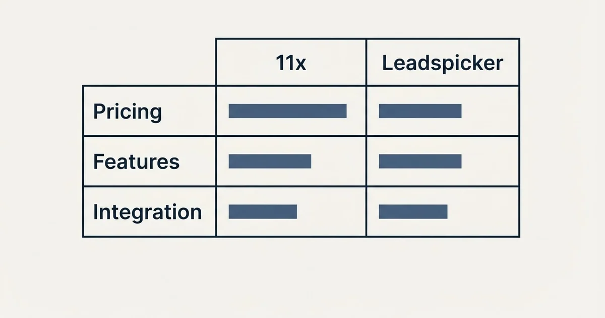 Comparison panel: 11x vs Leadspicker (Pricing, Features, Integration)