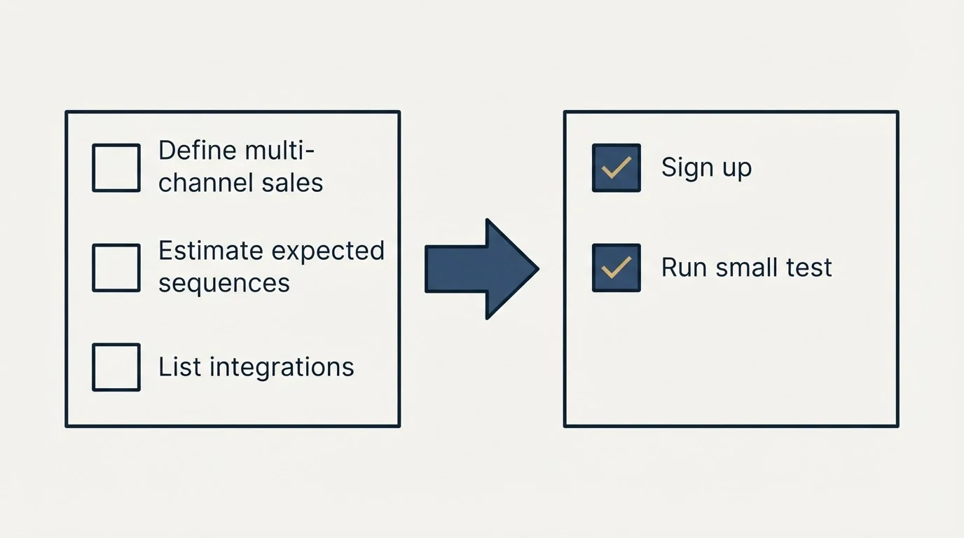 Before-and-after steps: Getting Started Checklist (Define multi-channel sales, Estimate expected sequences, List integrations, Sign up)