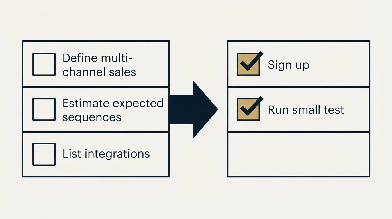 Before-and-after steps: Getting Started Checklist (Define multi-channel sales, Estimate expected sequences, List integrations, Sign up)