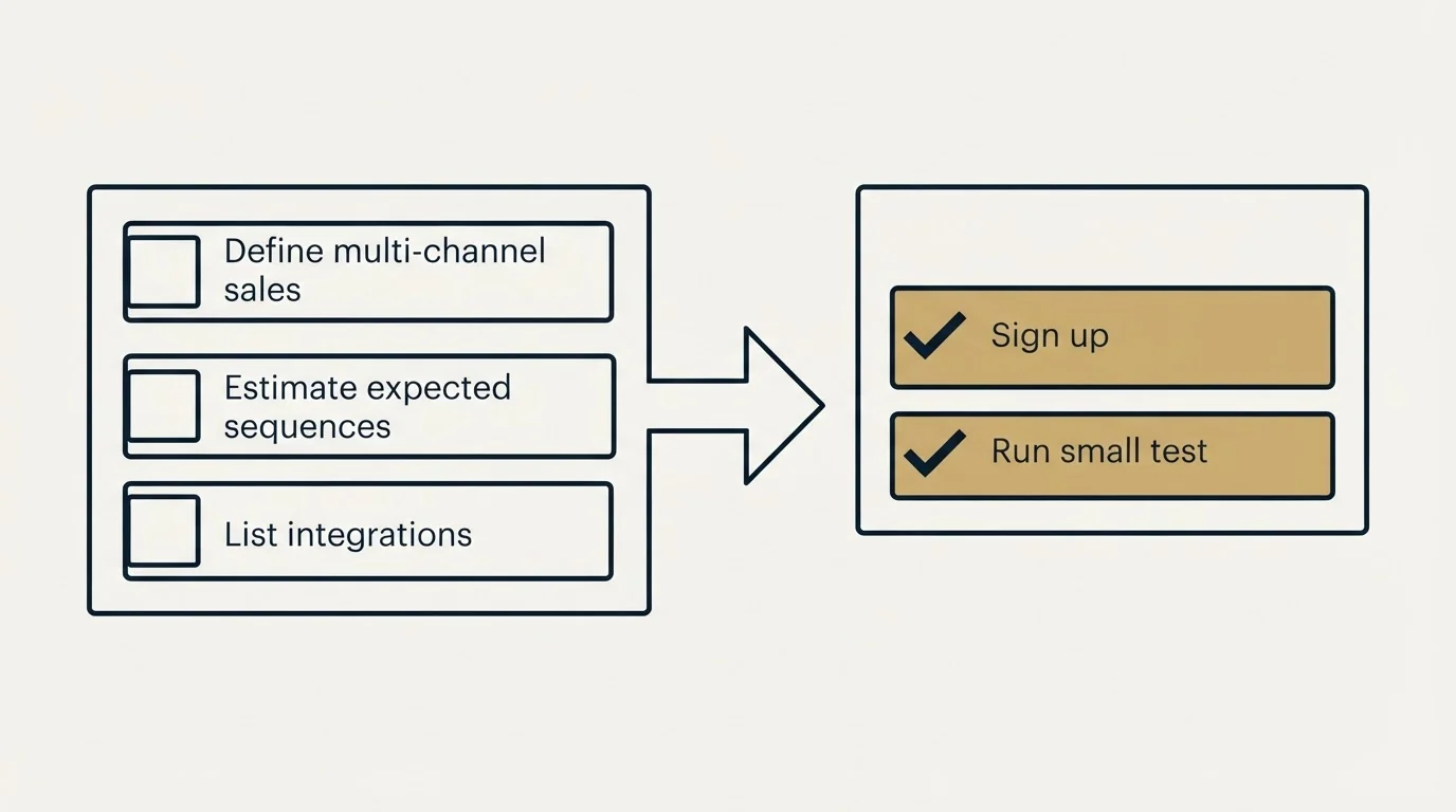 Before-and-after steps: Getting Started Checklist (Define multi-channel sales, Estimate expected sequences, List integrations, Sign up)