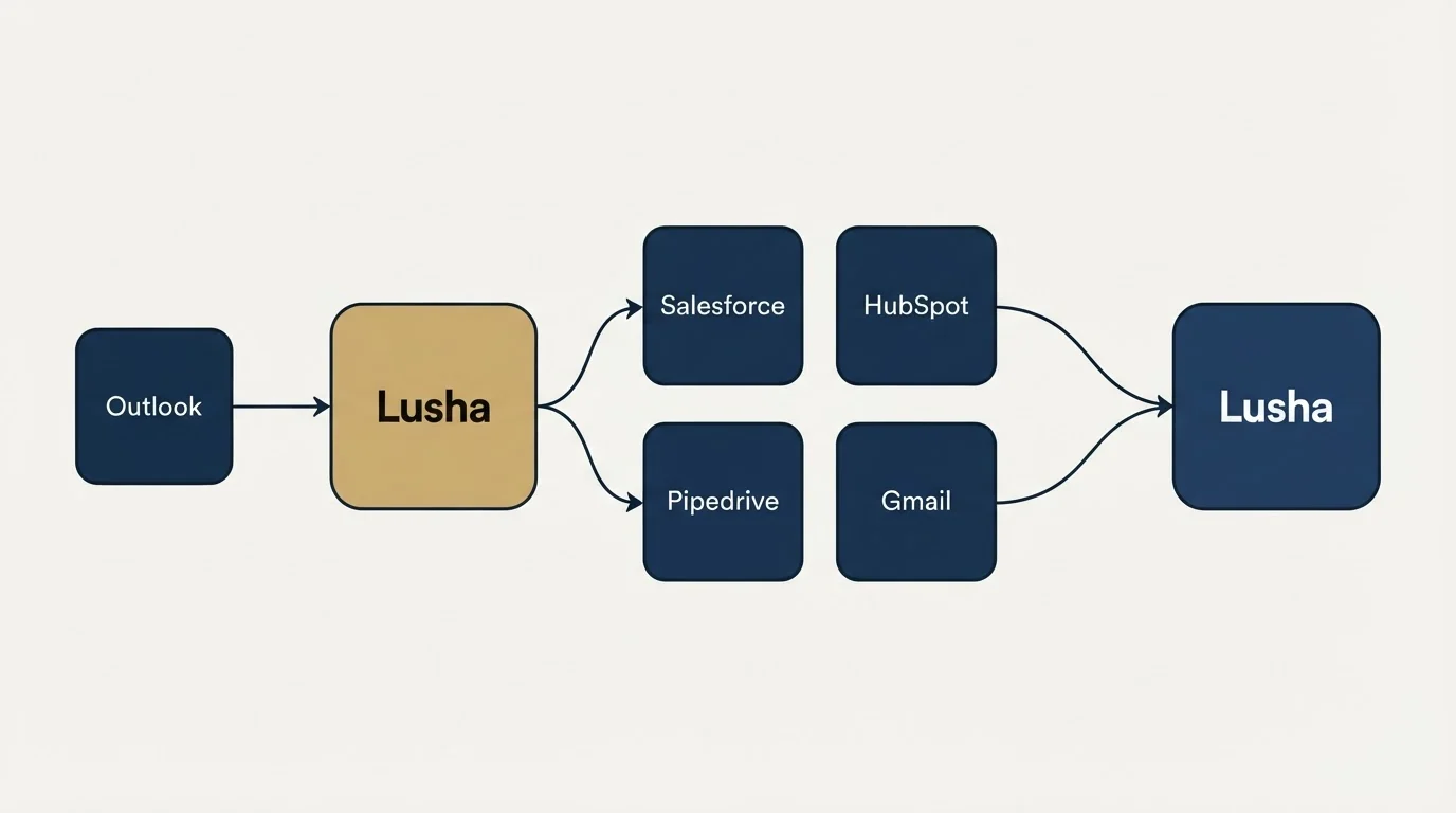 Integration schematic: Integration Ecosystem (Lusha, Salesforce, HubSpot, Pipedrive)