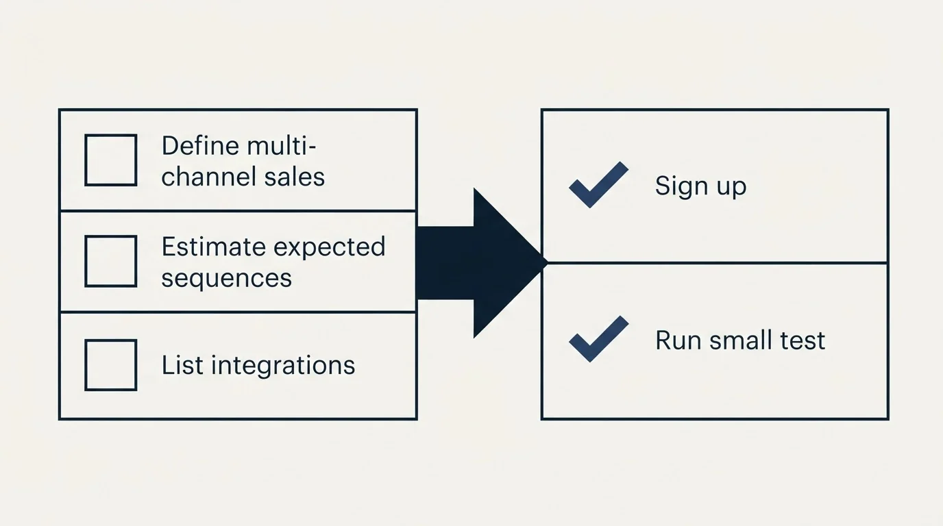 Before-and-after steps: Getting Started Checklist (Define multi-channel sales, Estimate expected sequences, List integrations, Sign up)