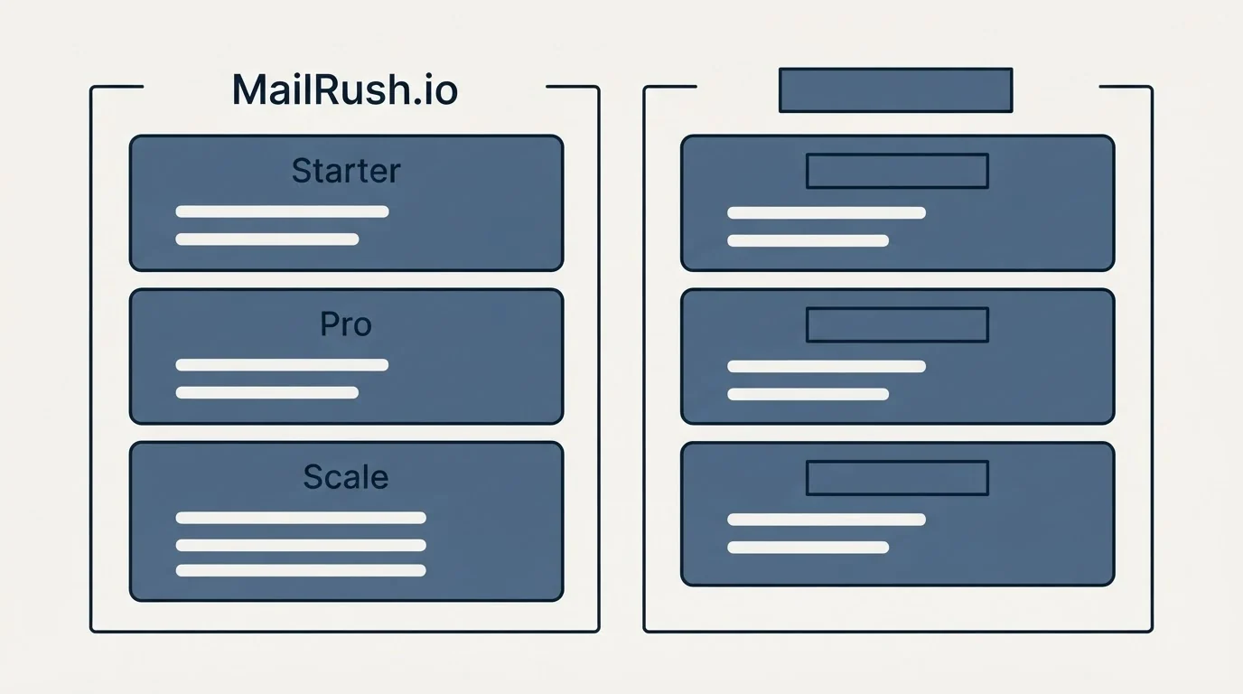 Pricing panels: Pricing Comparison (MailRush.io, Starter, Pro, Scale)