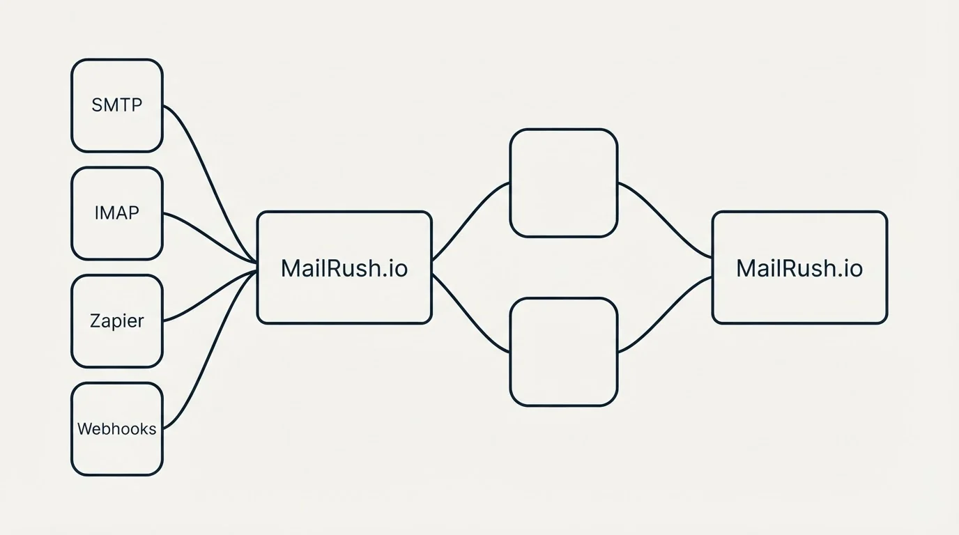 Integration schematic: Integration Ecosystem (MailRush.io, SMTP, IMAP, Zapier)