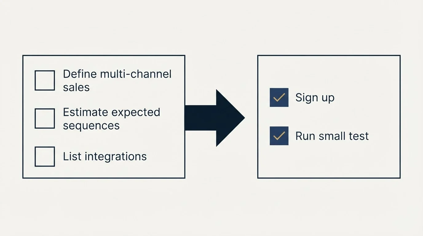 Before-and-after steps: Getting Started Checklist (Define multi-channel sales, Estimate expected sequences, List integrations, Sign up)