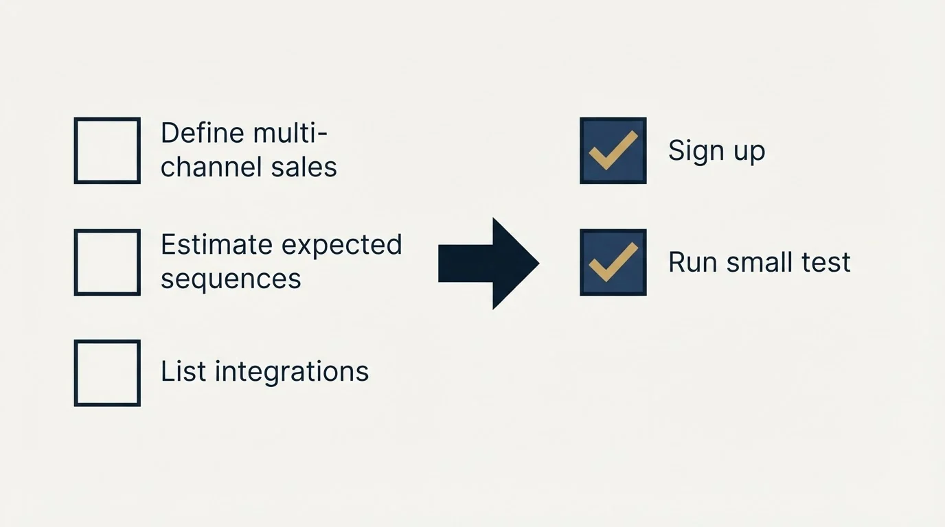 Before-and-after steps: Getting Started Checklist (Define multi-channel sales, Estimate expected sequences, List integrations, Sign up)