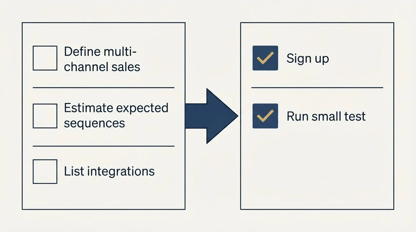 Before-and-after steps: Getting Started Checklist (Define multi-channel sales, Estimate expected sequences, List integrations, Sign up)