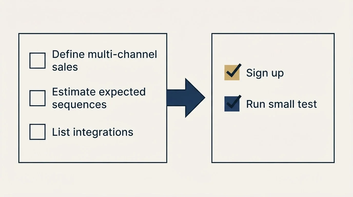 Before-and-after steps: Getting Started Checklist (Define multi-channel sales, Estimate expected sequences, List integrations, Sign up)
