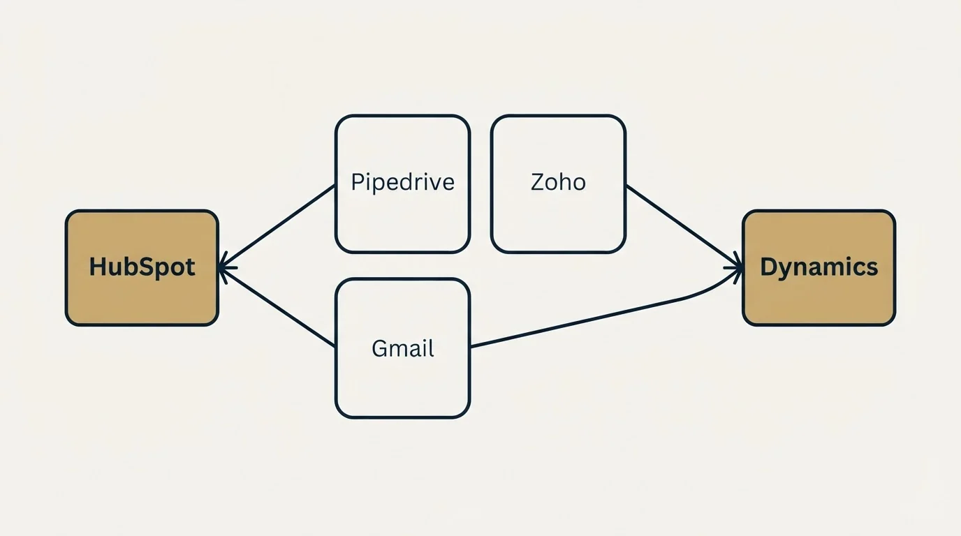 Integration schematic: Integration Ecosystem (HubSpot, Pipedrive, Zoho, Gmail)
