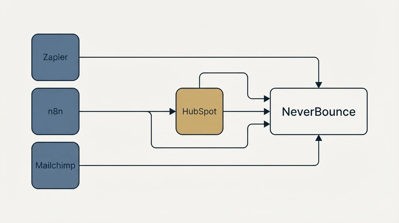 Integration schematic: Integration Ecosystem (NeverBounce, HubSpot, Zapier, n8n)