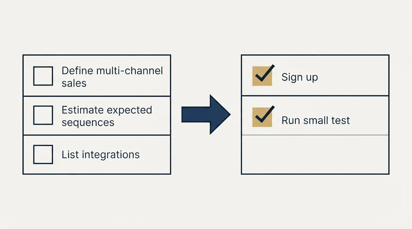 Before-and-after steps: Getting Started Checklist (Define multi-channel sales, Estimate expected sequences, List integrations, Sign up)