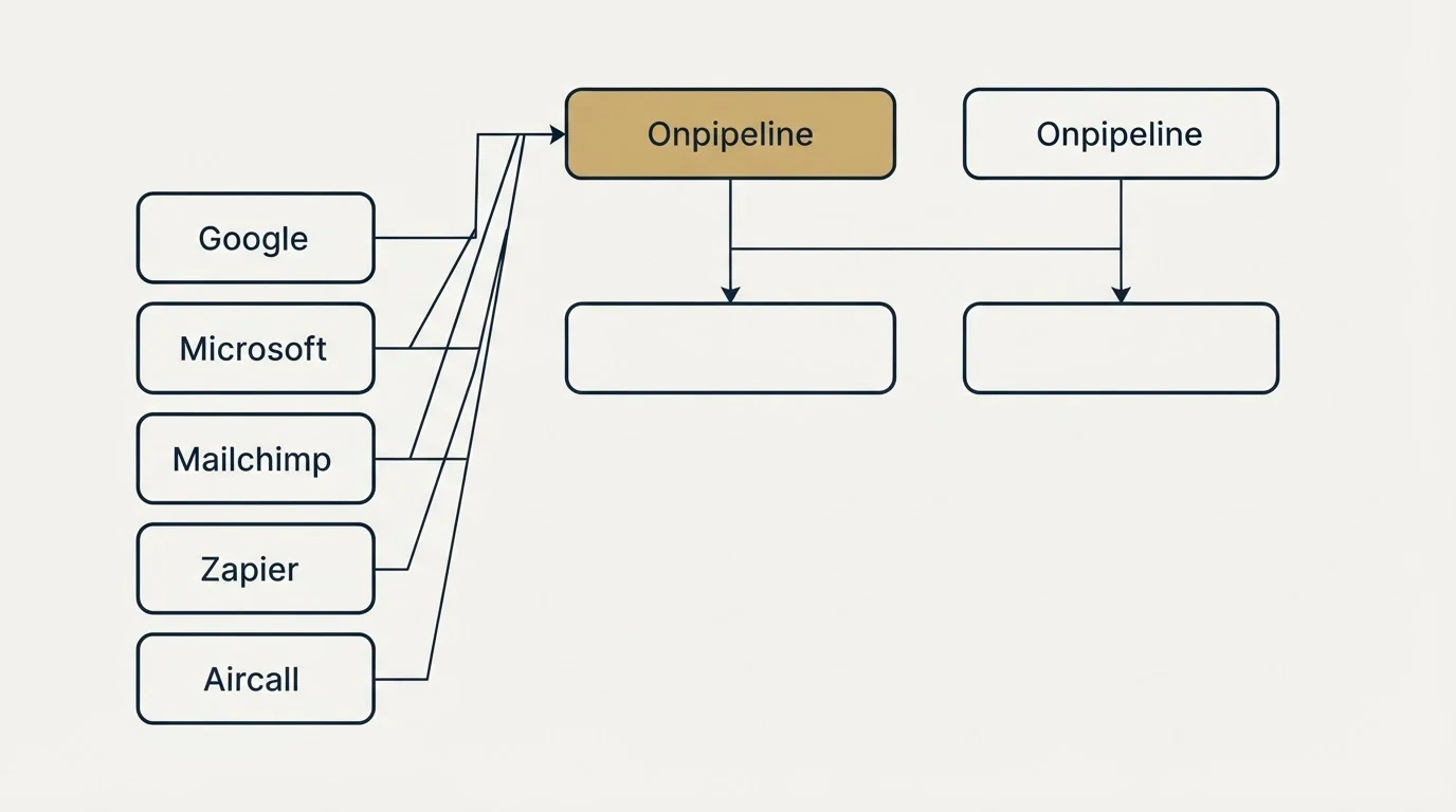 Integration grid: Integration Ecosystem (Onpipeline, Google, Microsoft, Mailchimp)