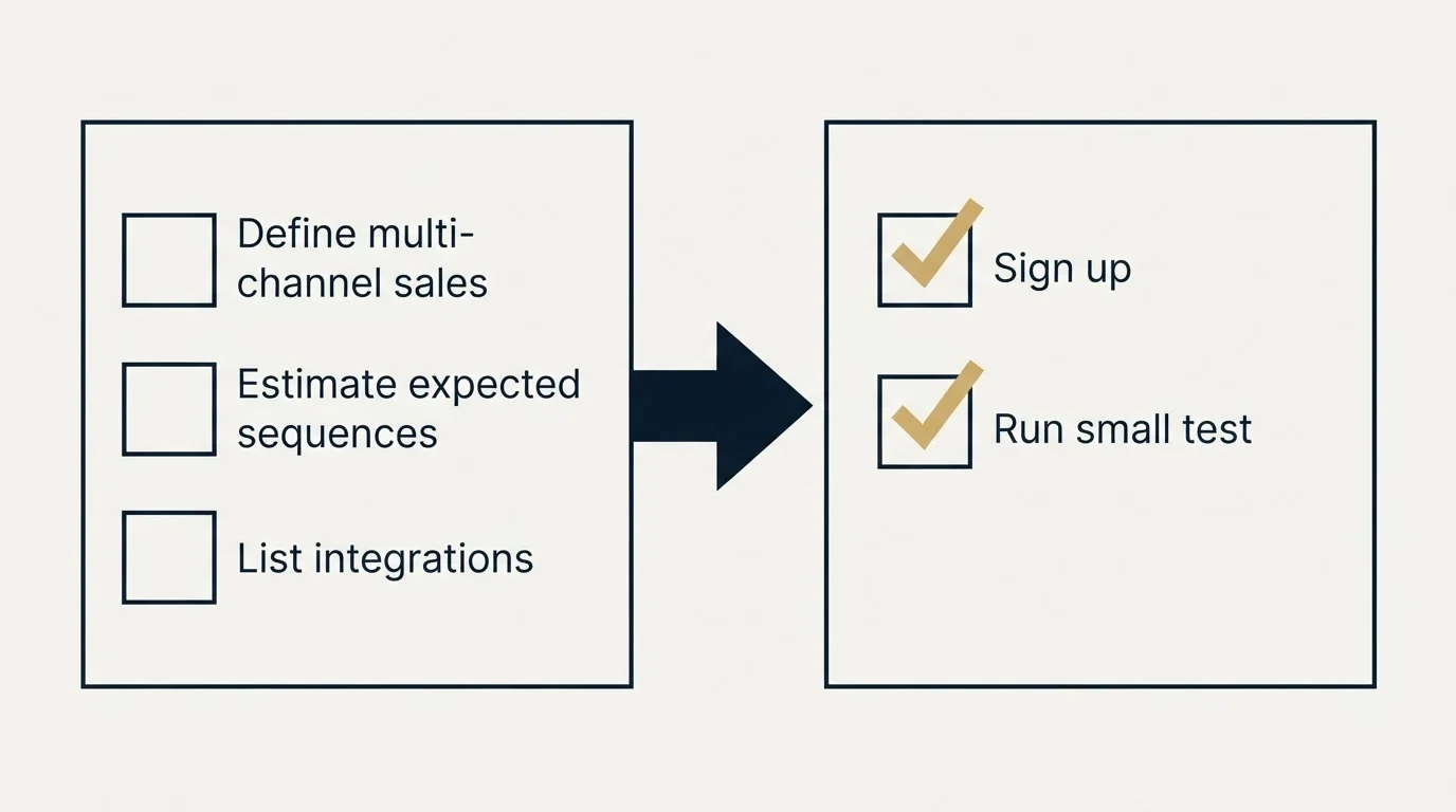 Before-and-after steps: Getting Started Checklist (Define multi-channel sales, Estimate expected sequences, List integrations, Sign up)