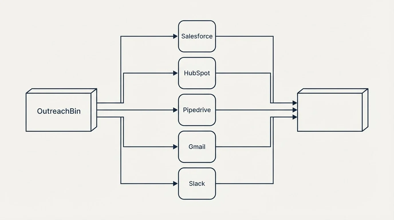 Integration flow: Integration Ecosystem (OutreachBin, Salesforce, HubSpot, Pipedrive)