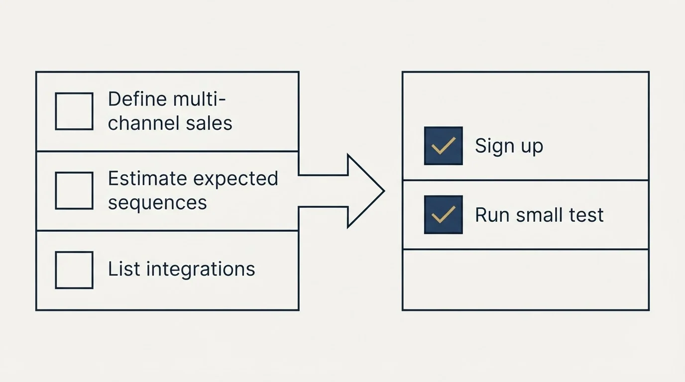 Before-and-after steps: Getting Started Checklist (Define multi-channel sales, Estimate expected sequences, List integrations, Sign up)