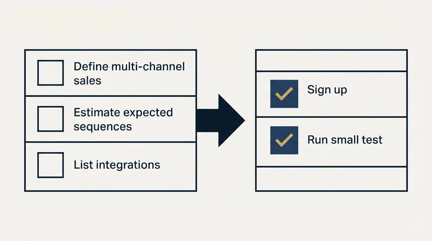 Before-and-after steps: Getting Started Checklist (Define multi-channel sales, Estimate expected sequences, List integrations, Sign up)