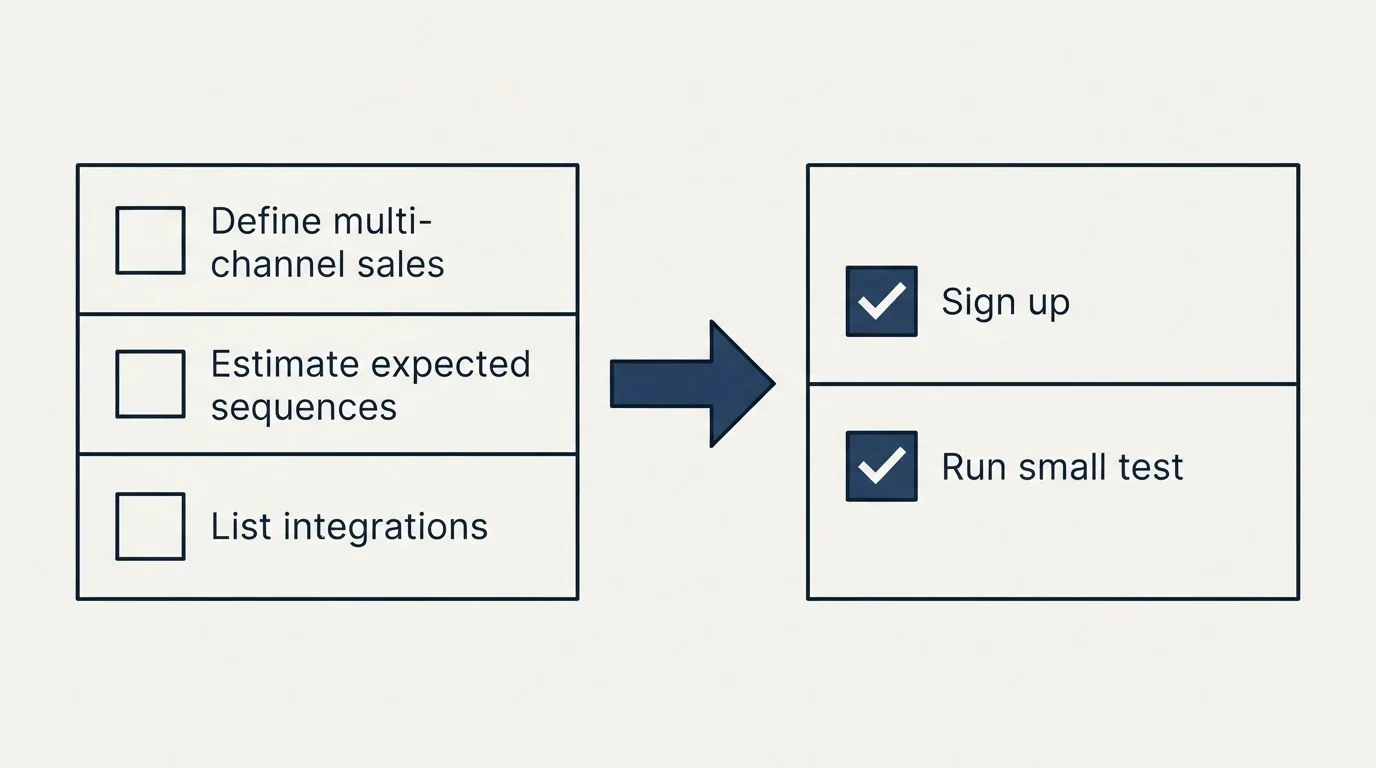 Before-and-after steps: Getting Started Checklist (Define multi-channel sales, Estimate expected sequences, List integrations, Sign up)