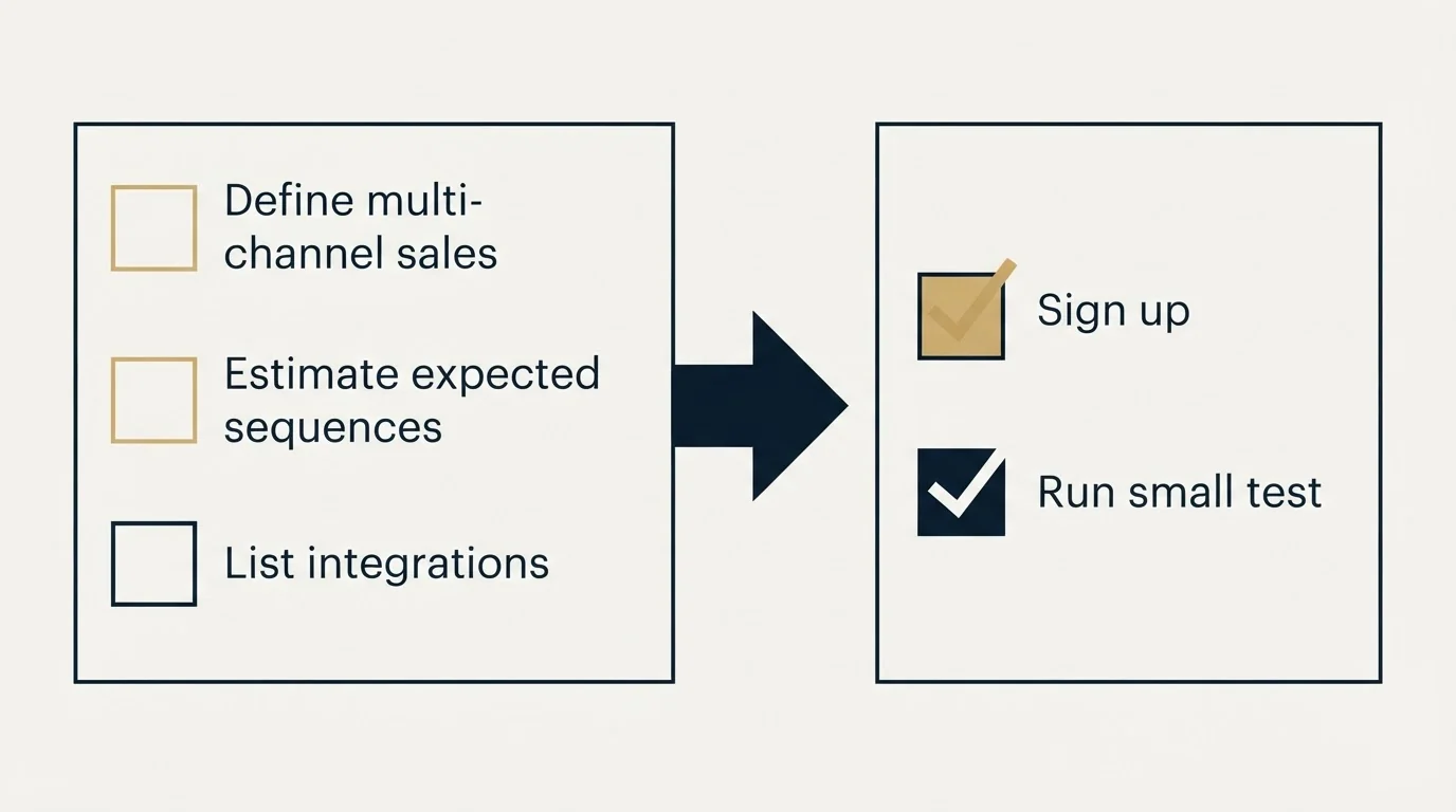 Before-and-after steps: Getting Started Checklist (Define multi-channel sales, Estimate expected sequences, List integrations, Sign up)