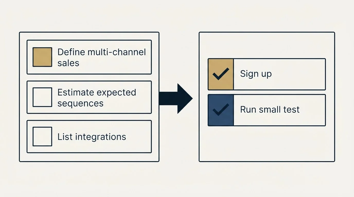 Before-and-after steps: Getting Started Checklist (Define multi-channel sales, Estimate expected sequences, List integrations, Sign up)
