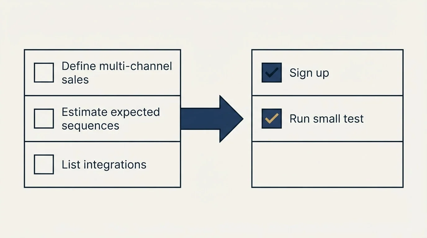 Before-and-after steps: Getting Started Checklist (Define multi-channel sales, Estimate expected sequences, List integrations, Sign up)
