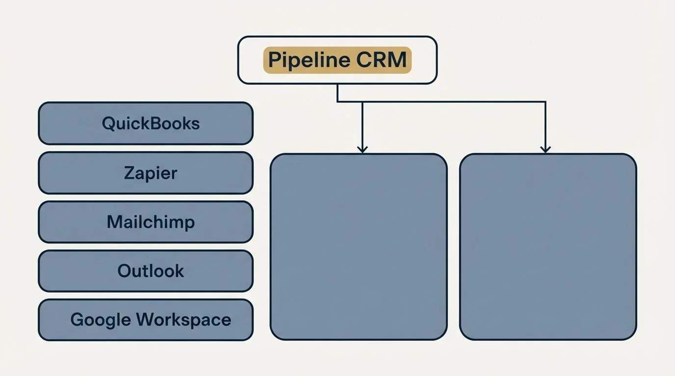 Integration grid: Integration Ecosystem (Pipeline CRM, QuickBooks, Zapier, Mailchimp)