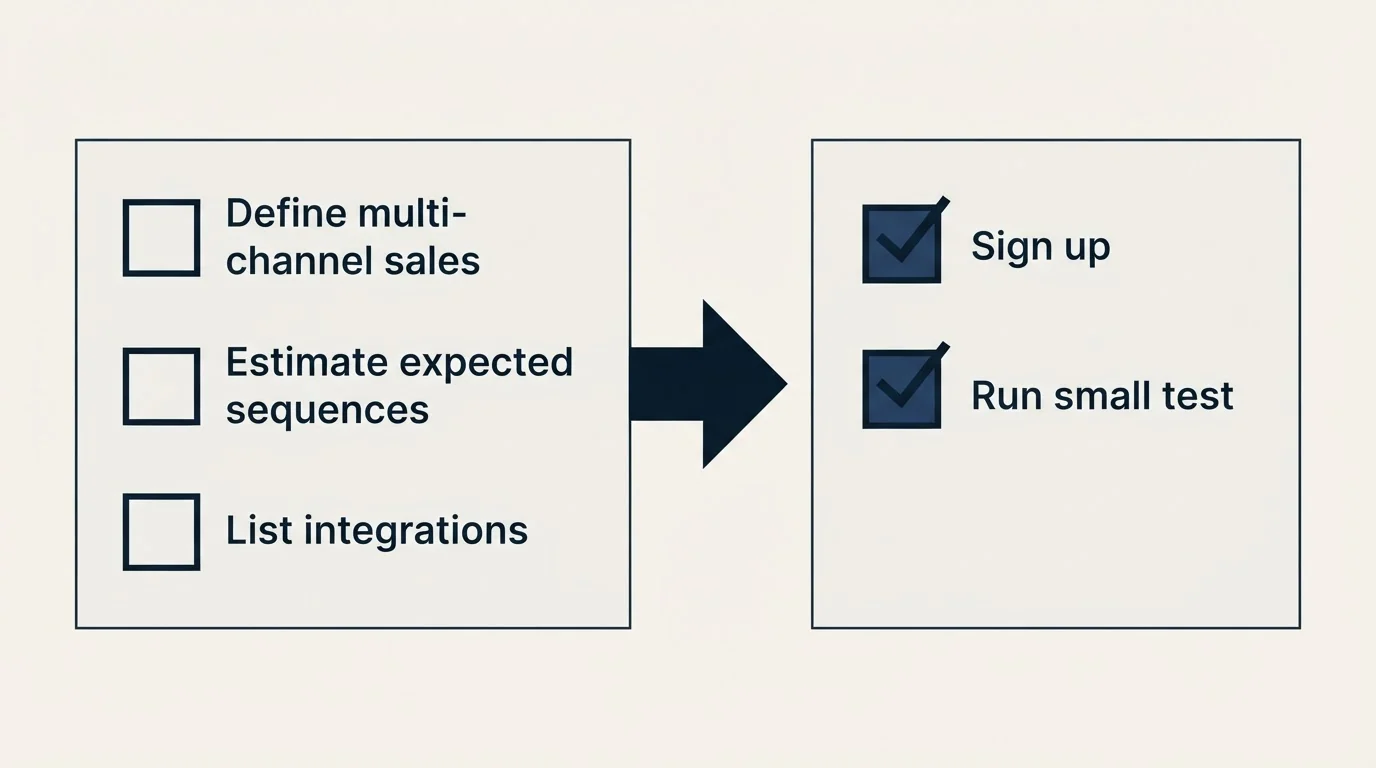 Before-and-after steps: Getting Started Checklist (Define multi-channel sales, Estimate expected sequences, List integrations, Sign up)