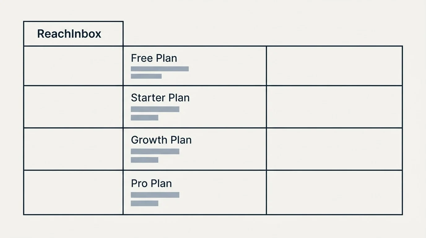 Pricing table: Pricing Comparison (ReachInbox, Free Plan, Starter Plan, Growth Plan)