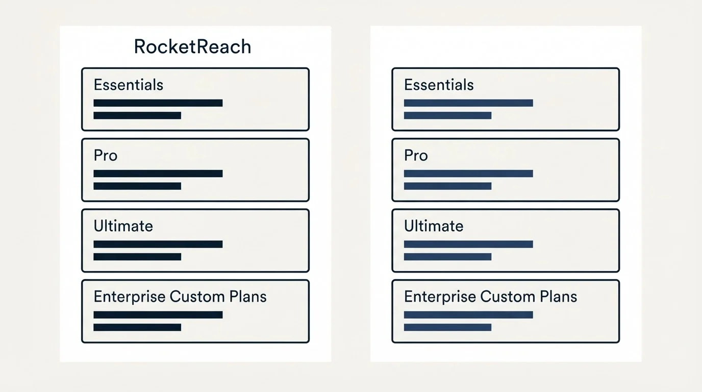 Pricing panels: Pricing Comparison (RocketReach, Essentials, Pro, Ultimate)