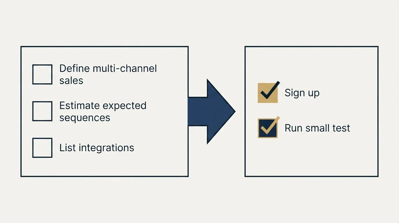 Before-and-after steps: Getting Started Checklist (Define multi-channel sales, Estimate expected sequences, List integrations, Sign up)
